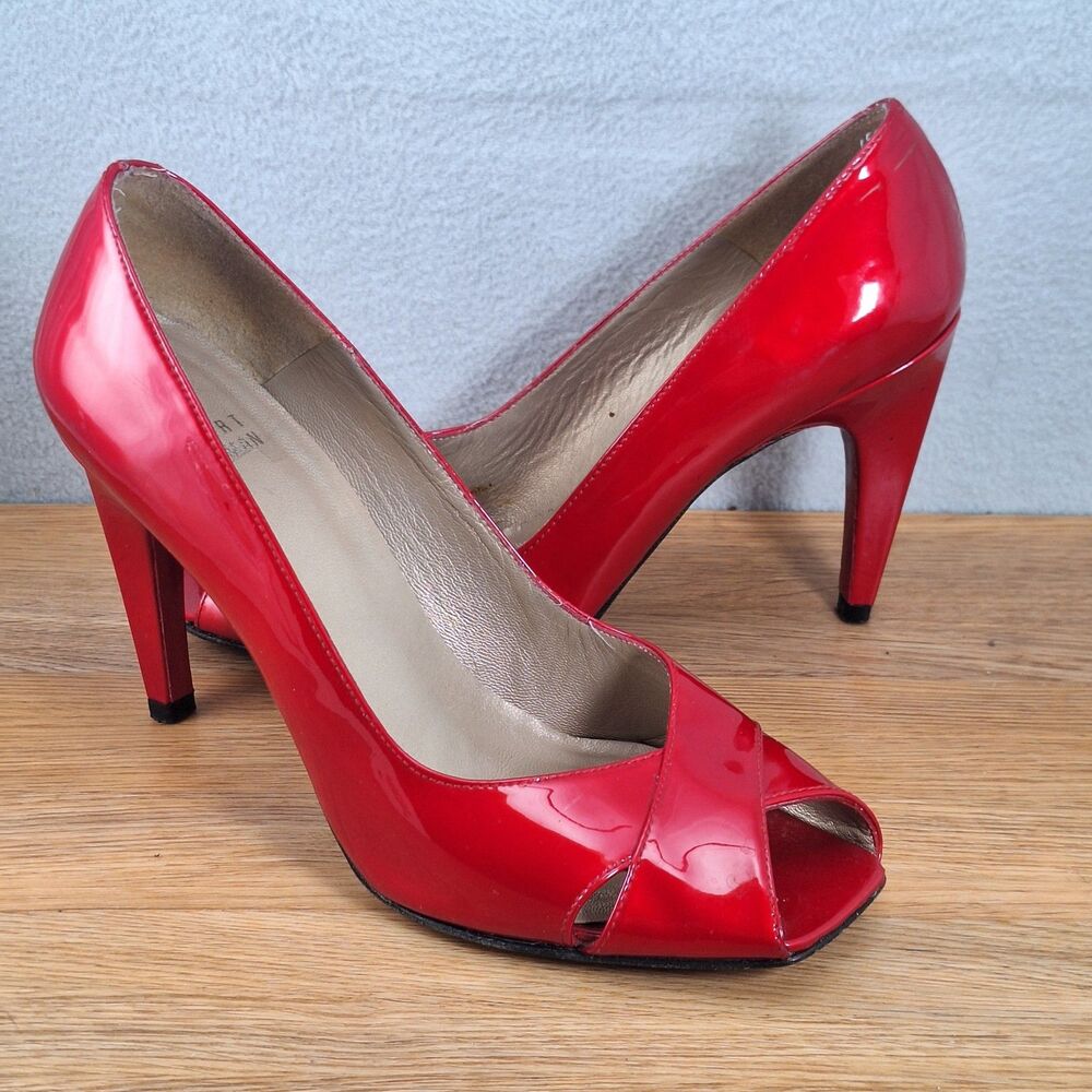 Stuart Weitzman Women's 8 Peep Toe Stiletto Pumps Red Patent Leather Vintage